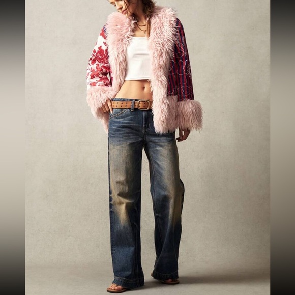 Luxe boho floral print fur coat jacket - Picture 4 of 8